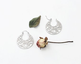 Sterling Silver Filigree Rose and Leaves Origami Pattern Hinged Hoop Earrings. Nature Inspired Jewelry. Statement Earrings. Lace Earrings.