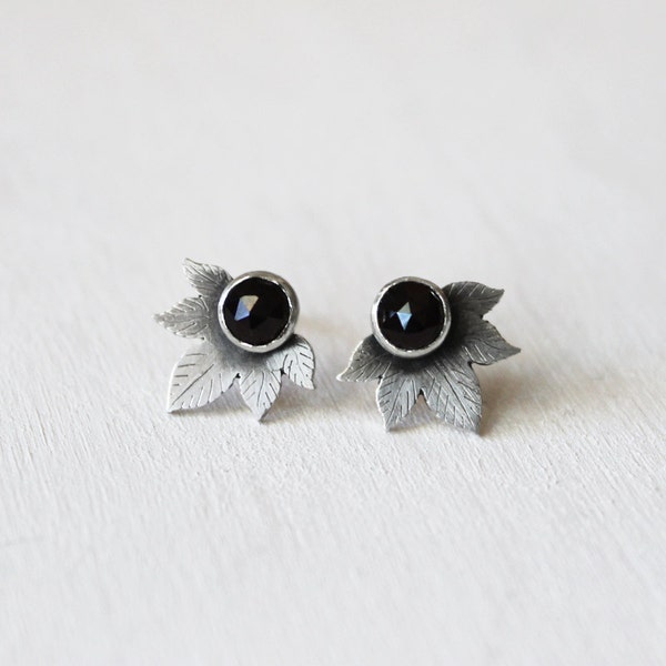 Sterling Silver Wallpaper Leaf Earrings with 5mm Rose Cut Black Spinel. Edgy Statement Earrings. Chicago Textile Design Inspired.