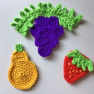 Conjunto de padrões de crochê para apliques de frutas | Tutorial em PDF com motivos de morango, pera e uva