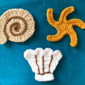 Beach applique pattern set of a crochet seashell, clam and starfish pattern, sea shell motif pdf Digital Download