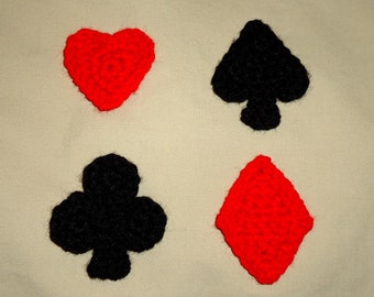 Crochet Card Suits Applique Pattern, Heart Diamond Spade Clover Motif Digital Download