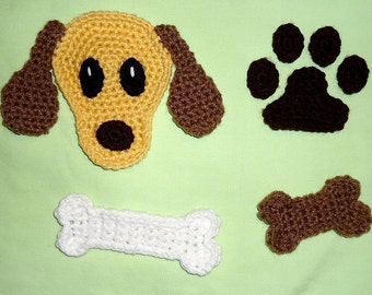 Dog Applique Pattern Set - Bone And Paw Pad Crochet Motif Pattern Bundle PDF Download