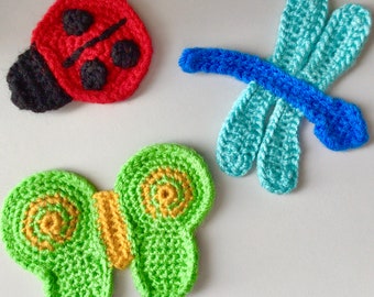 Bugs applique pattern set of a ladybug, dragonfly and butterfly pdf - crochet embellishment bug motif pattern bundle Digital Download