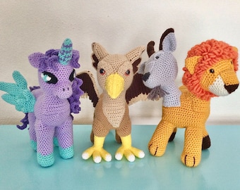Mythical creatures amigurumi pattern set of a Unicorn Pegasus, Griffin and Chimera - crochet pattern photo tutorial Digital Download