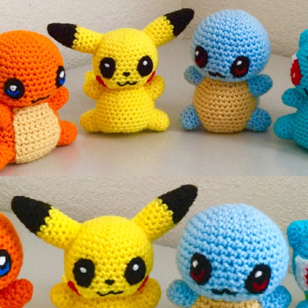 Crochet Pattern set of a Charmander, Pikachu, Squirtle and Bulbasaur amigurumi pattern - kawaii chibi pattern set Instant Download