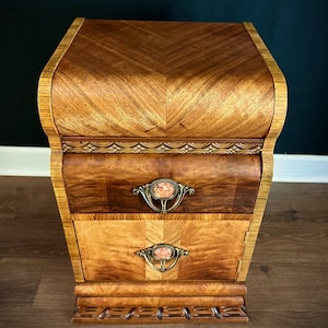 Art Deco 1930s End Table, Book-Matched Wood, Bakelite Knobs, Double Waterfall Nightstand