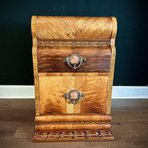 Leo Jiranek Art Deco 1930s End Table, Book-Matched Wood, Bakelite Knobs, Double Waterfall Nightstand