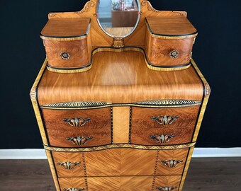 Heirloom Quality Art Deco Tallboy Waterfall Dresser with Mirror and Vintage Bakelite 1940 Stunning Art Deco Furniture