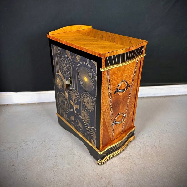 Art Deco French Tray Top Nightstand with "Pinwheel Gatsby" Side Patterns and Vintage Antique Bakelite Handles Art Deco Furniture