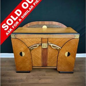 SOLD - Currently SOLD OUT     (Art Deco Drinks / Wine / Liquor Cabinet, 1940&#39;s Vintage with Wine Bottle Compartment and Wine Glass Rack)