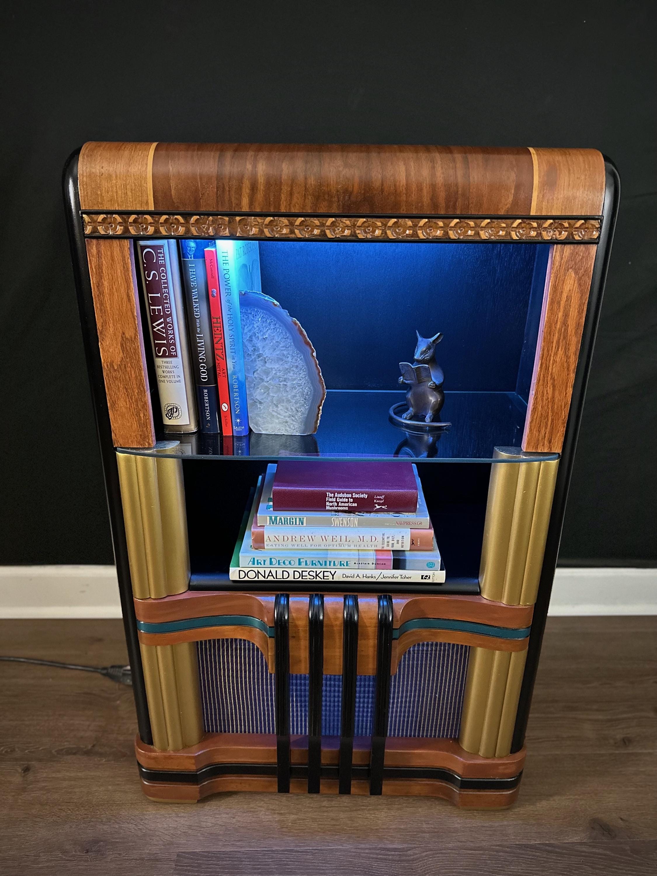 Illuminated Art Deco Curio Cabinet: 1930s Bluetooth Speaker Shelf