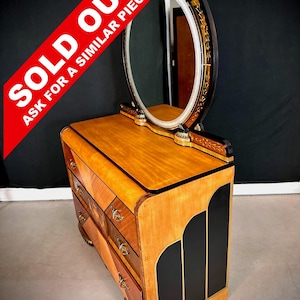 SOLD **Currently SOLD OUT - Gatsby Art Deco Waterfall Dresser with Mirror: Vintage Bakelite Handles