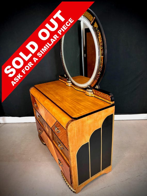SOLD Gatsby Grand Art Deco Waterfall Dresser With Incredible Mirror and Vintage Bakelite Handles 1930 s Art Deco Bedroom Furniture Etsy