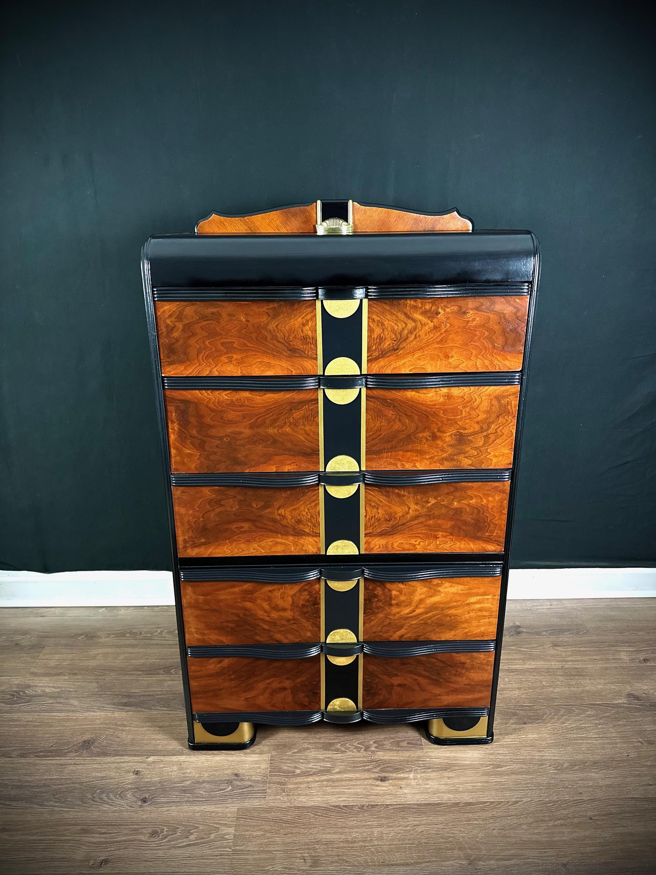 Art Deco city Lights Highboy Waterfall Dresser With Brilliant Mahogany