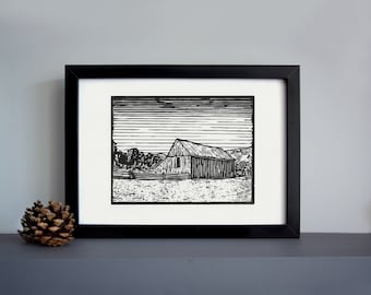 Capitol Reef Barn linocut print - wooden barn linocut print, national park print, outdoors art print