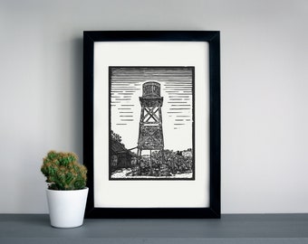 Goldfield ghost town Water tower linocut print - Goldfield water tower, desert linocut print, outdoors art print