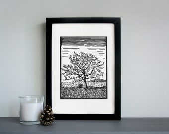 Highland Tree linocut print, nature linocut, outdoors art print