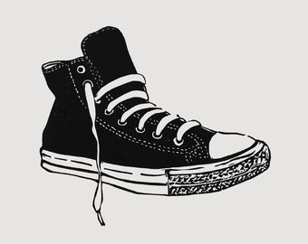 Arte de la zapatilla superior superior - impresión linocut, impresión de zapatillas retro, arte de la pared de los niños