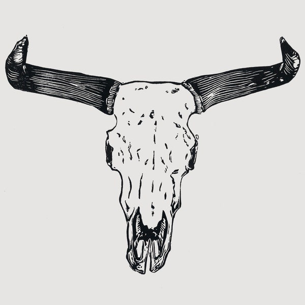 Steer skull linocut - skull and horns, taxidermy art, cow skull print