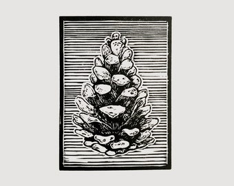 Pine cone linocut print - relief print, nature print