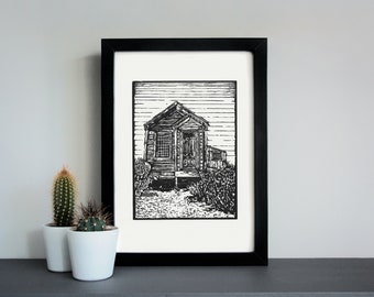 Bodie ghost town miner’s house linocut print - desert linocut print, outdoors art print
