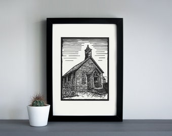 Bodie iglesia de la ciudad fantasma linocut impresión - impresión linocut del desierto, impresión de arte al aire libre