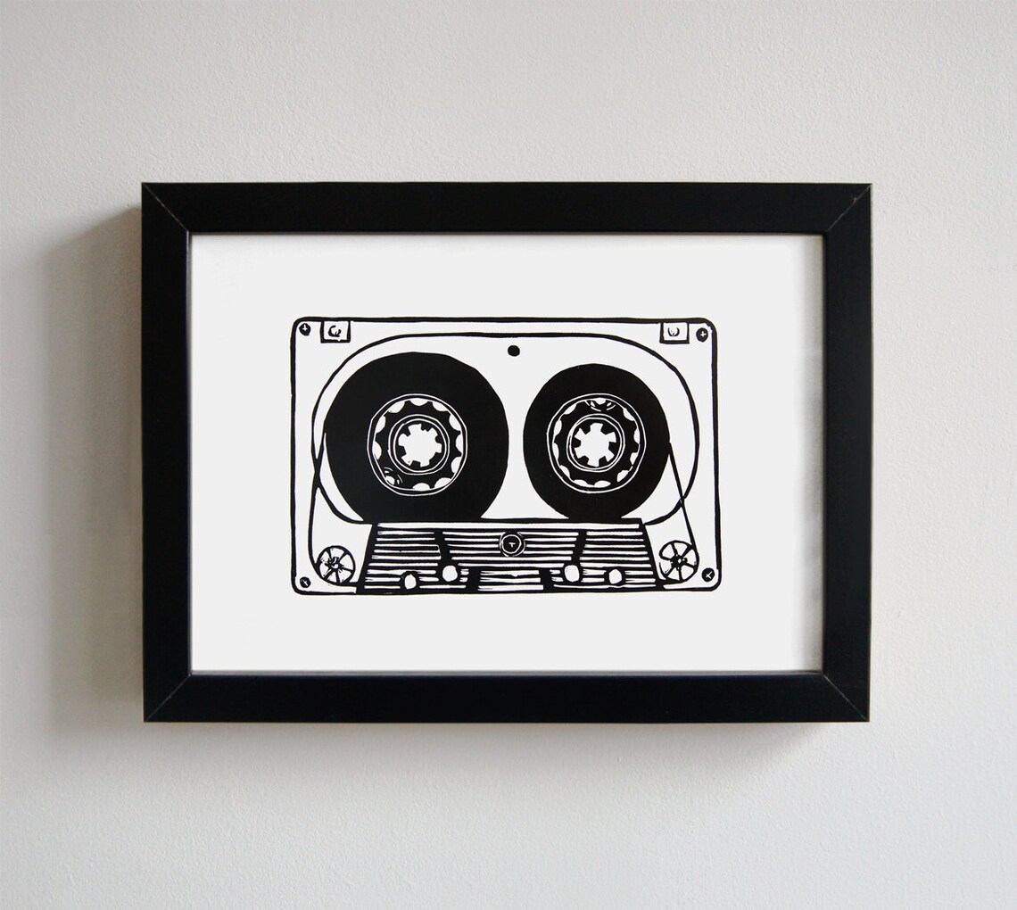 Classic Cassette Tape Art Original Linocut Print, Retro Cassette Print