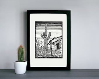 Saguaro Cactus Linocut Print - Arizona Desert Art