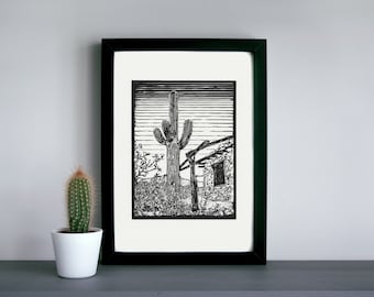 Saguaro linocut print - ranch homestead, desert linocut print, outdoors art print