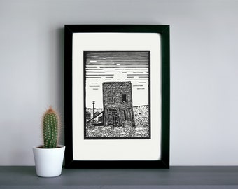 Bodie ciudad fantasma Swasey Hotel linocut impresión - imprenta linocut desierto, impresión de arte al aire libre