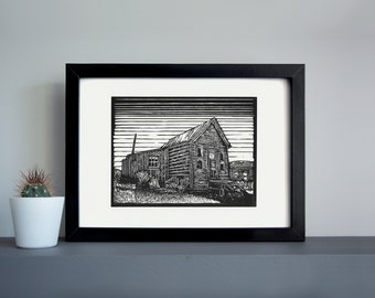 Bodie ghost town McMillan House  linocut print - ghost town wooden house, desert linocut print, outdoors art print