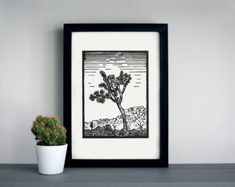Lone Joshua Tree linocut print - desert linocut print, national park print, outdoors art print
