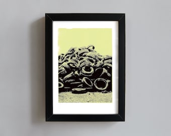 Worn tyres screenprint - industrial art print, urban art print, city wall art