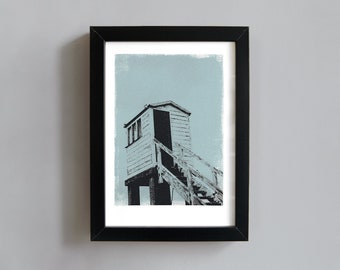 Beach rescue tower art print - screenprint wall art, beach watchtower, beach house decor, beach inspired art