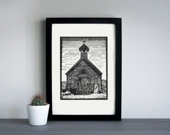 Goldfield ghost town Church linocut print - Goldfield church, desert linocut print, outdoors art print