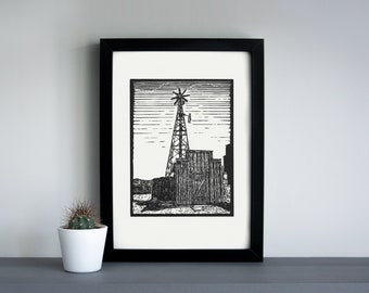 Goldfield ghost town Windmill  linocut print - Goldfield windmill, desert linocut print, outdoors art print
