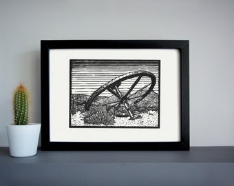 Bodie ghost town Wagon Wheel linocut print - desert linocut print, outdoors art print