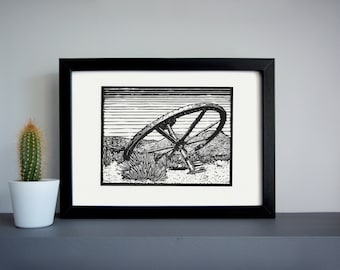 Bodie ghost town Wagon Wheel linocut print - desert linocut print, outdoors art print