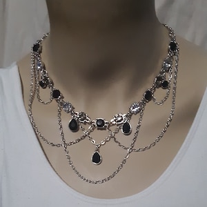 Black, Smokey & Clear Crystal with Silver Bezel and Swooping Silver Chain Necklace