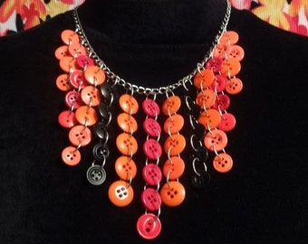 One-of-a-Kind Red, Black & Orange Vintage Button Statement Necklace