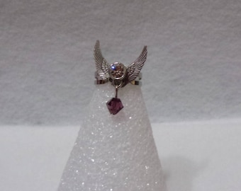 Amethyst Swarovski Bead with Crystal and Angel Wings with Silver Plated Adjustable Ring Base