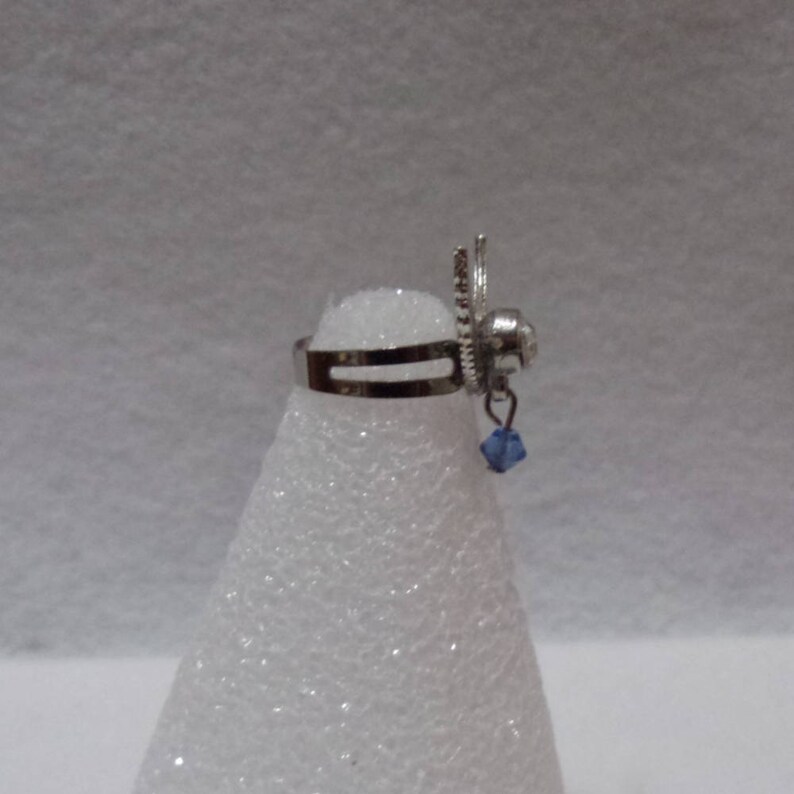 Blue Swarovski Bead with Crystal and Angel Wings with Silver Plated Adjustable Ring Base image 2