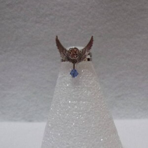 Blue Swarovski Bead with Crystal and Angel Wings with Silver Plated Adjustable Ring Base image 1