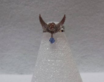 Blue Swarovski Bead with Crystal and Angel Wings with Silver Plated Adjustable Ring Base