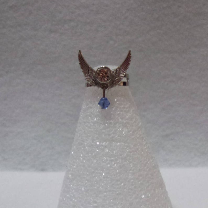 Blue Swarovski Bead with Crystal and Angel Wings with Silver Plated Adjustable Ring Base image 1