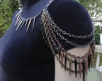 Mixed Metal Spiked Shoulder Chain Necklace Now Available in All One Colors of Silver, Gold or Gunmetal