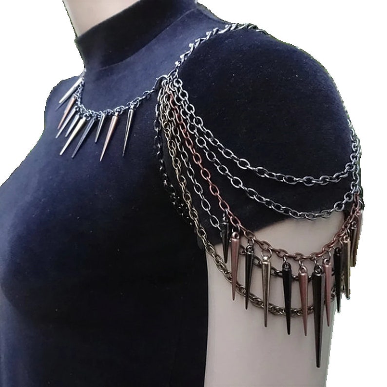 Mixed Metal Spiked Shoulder Chain Necklace Also Available in All One Solid Color image 5