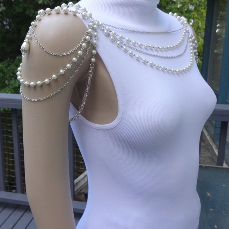 Multi Strand White or Ivory Pearl and Silver Chain Bridal image 1