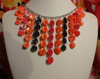 Red, Black & Orange Vintage Button Statement Necklace - OOAK