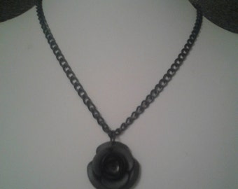 Black Rose Pendant on Black Chain Necklace